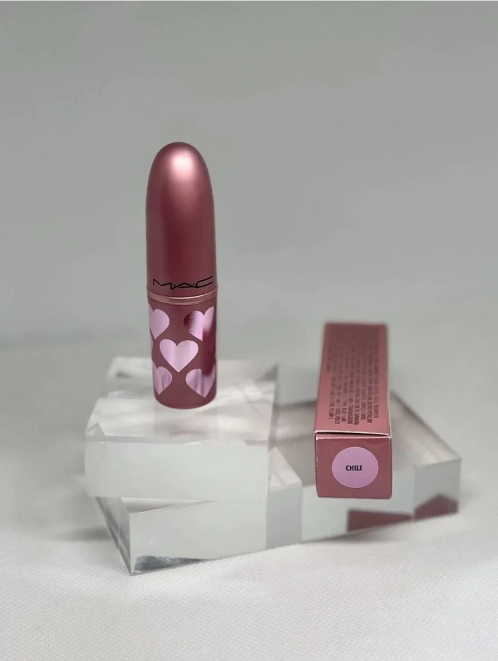NIB Mac Matte Lipstick CHILI - Limited Edition Pink Heart Tube 0.1 Oz/3g